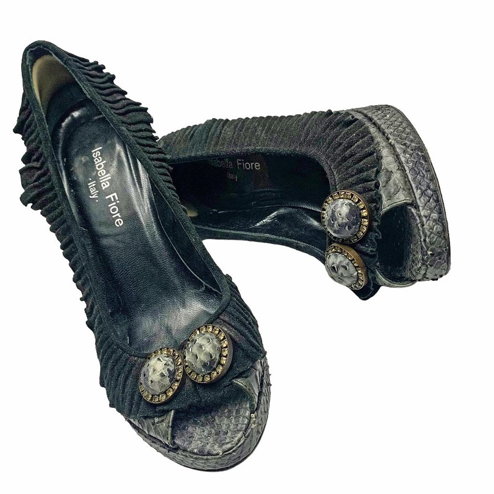 ISABELLA FIORE Gray Python Embossed Leather Peep Toe Heels